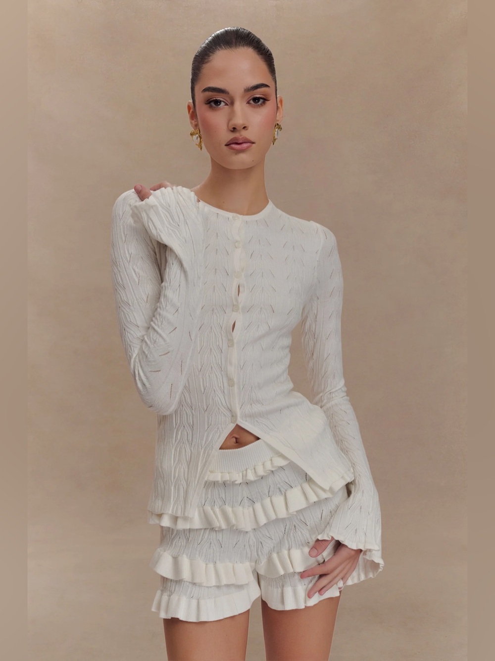 NWT MESHKI Ivory Amy Pointelle Bell Sleeve Cardigan, Size XS